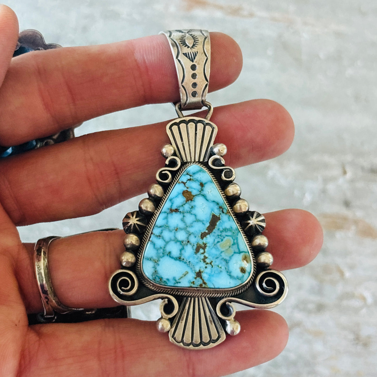 Navajo Daniel Benally Sterling Silver & Web Kingman Turquoise Pendant