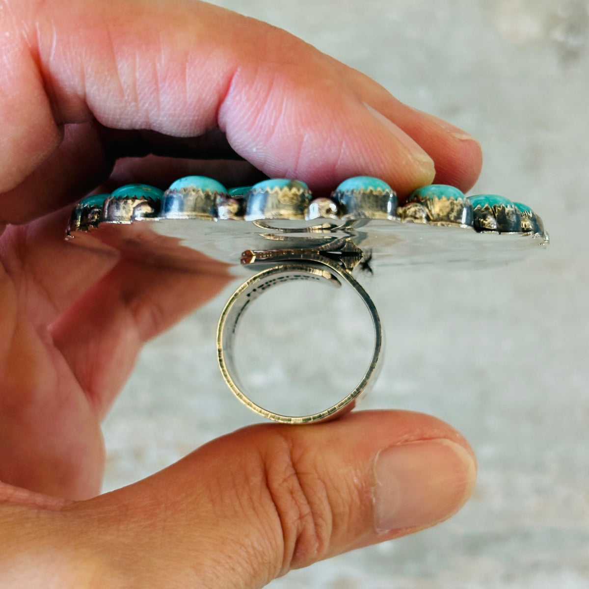 Navajo Hemerson Brown Sterling Silver & Sonoran Turquoise Cluster Statement Ring