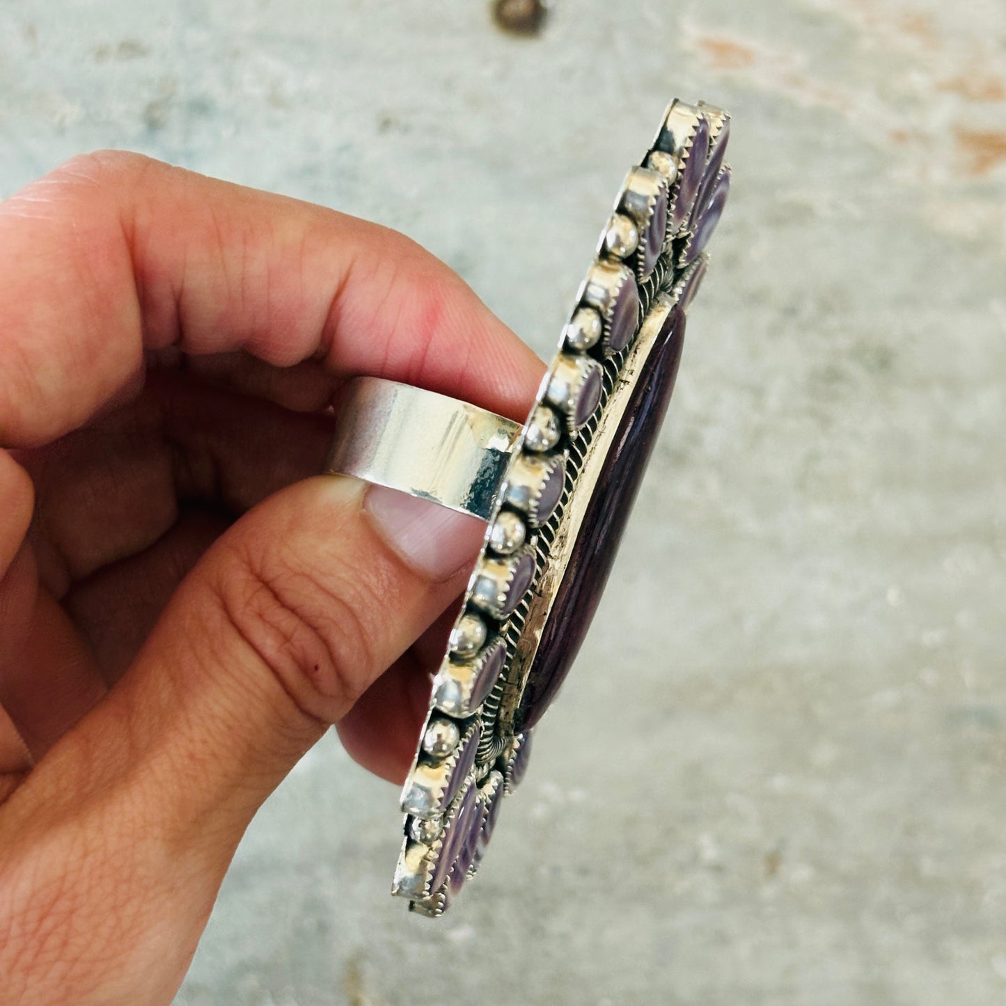 Navajo Hemerson Brown Sterling Silver - Wampum & Purple Spiny Oyster Statement Ring