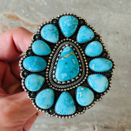 Navajo Braxton Parkett Sterling Silver & Kingman Turquoise Cluster Ring