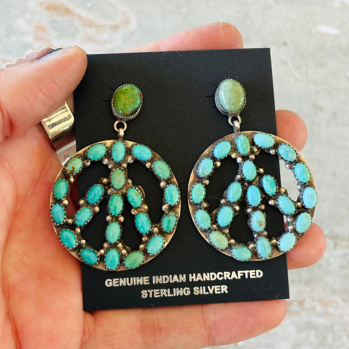 Navajo Nora Whitegoat Sterling Silver & Kingman Turquoise Peace Sign Earrings