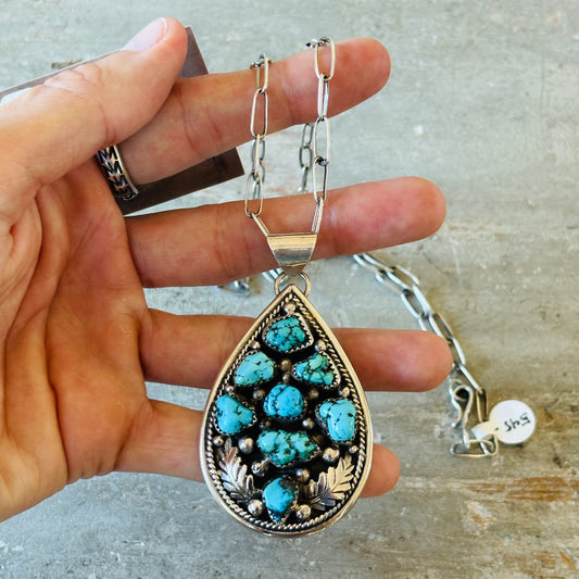 Navajo Jimmie Yazzie Sterling Silver & Kingman Turquoise Pendant Necklace