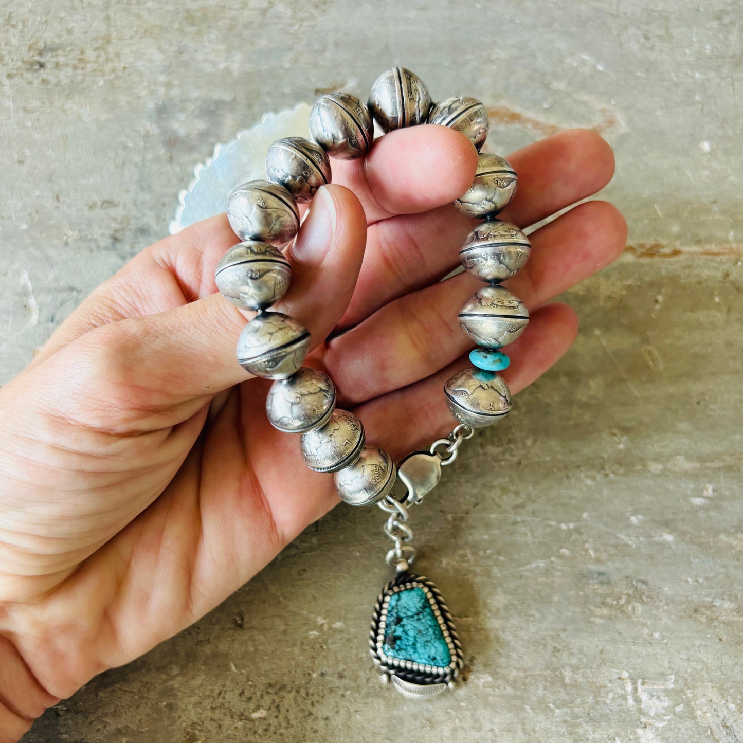 Navajo James McCabe Sterling Silver - Liberty Dime Beads & Turquoise Bracelet