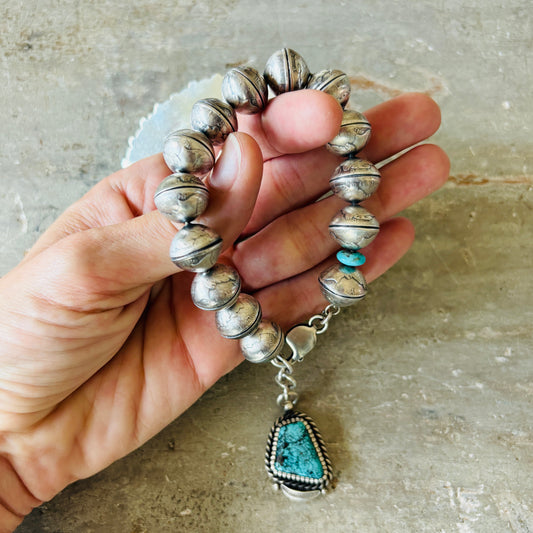 Navajo James McCabe Sterling Silver - Liberty Dime Beads & Turquoise Bracelet