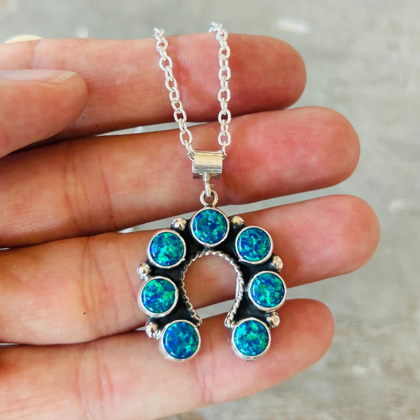 New Navajo Martin Perry Sterling Silver & Blue Lab Opal Naja Pendant