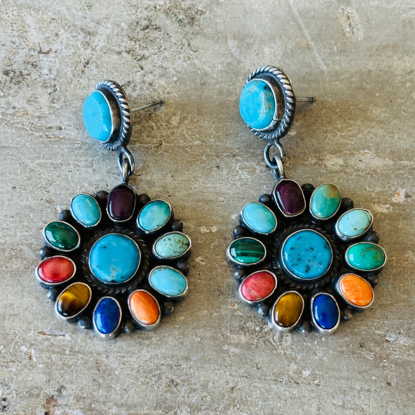 Navajo Anthony Skeets Sterling Silver Multi Stone Cluster Earrings