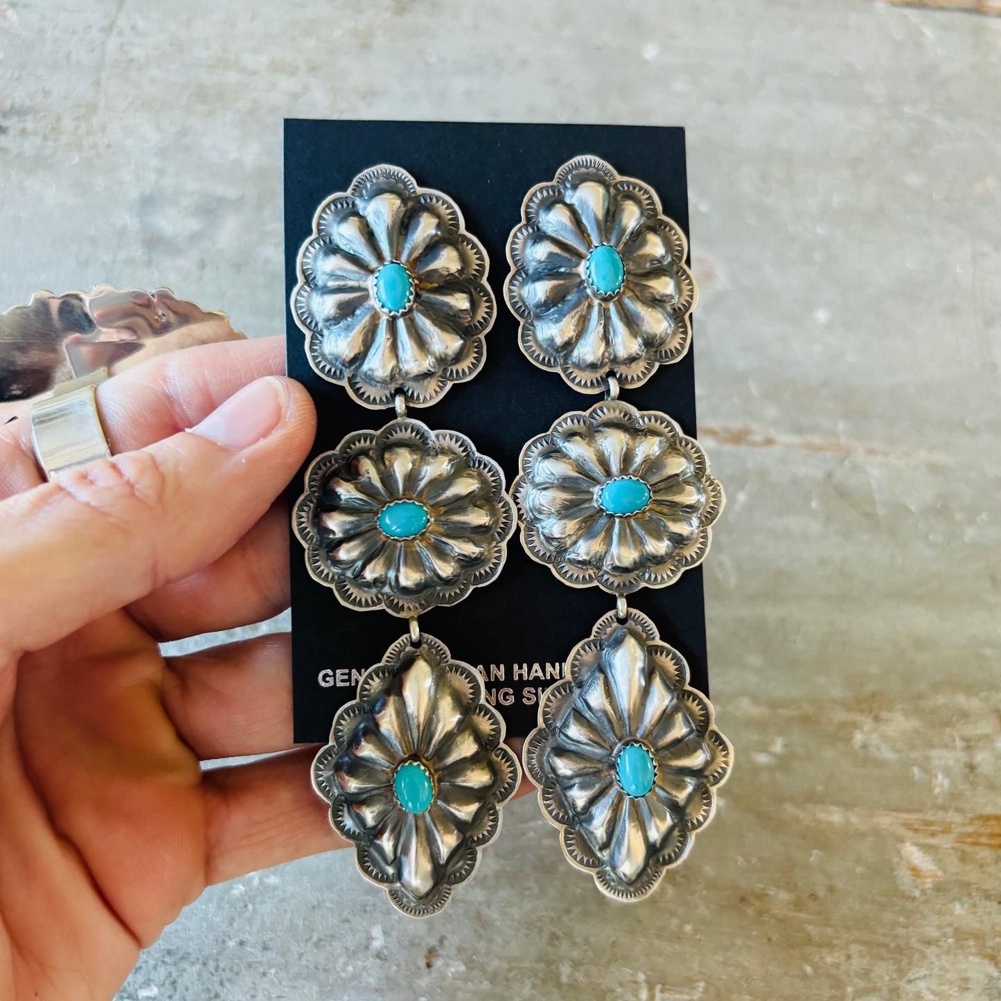 Navajo Rita Lee Sterling Silver & Kingman Turquoise Concho Earrings