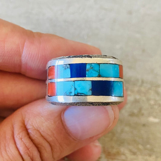 Navajo Lester James Sterling Silver Multi Stone Inlay Tufa Cast Ring