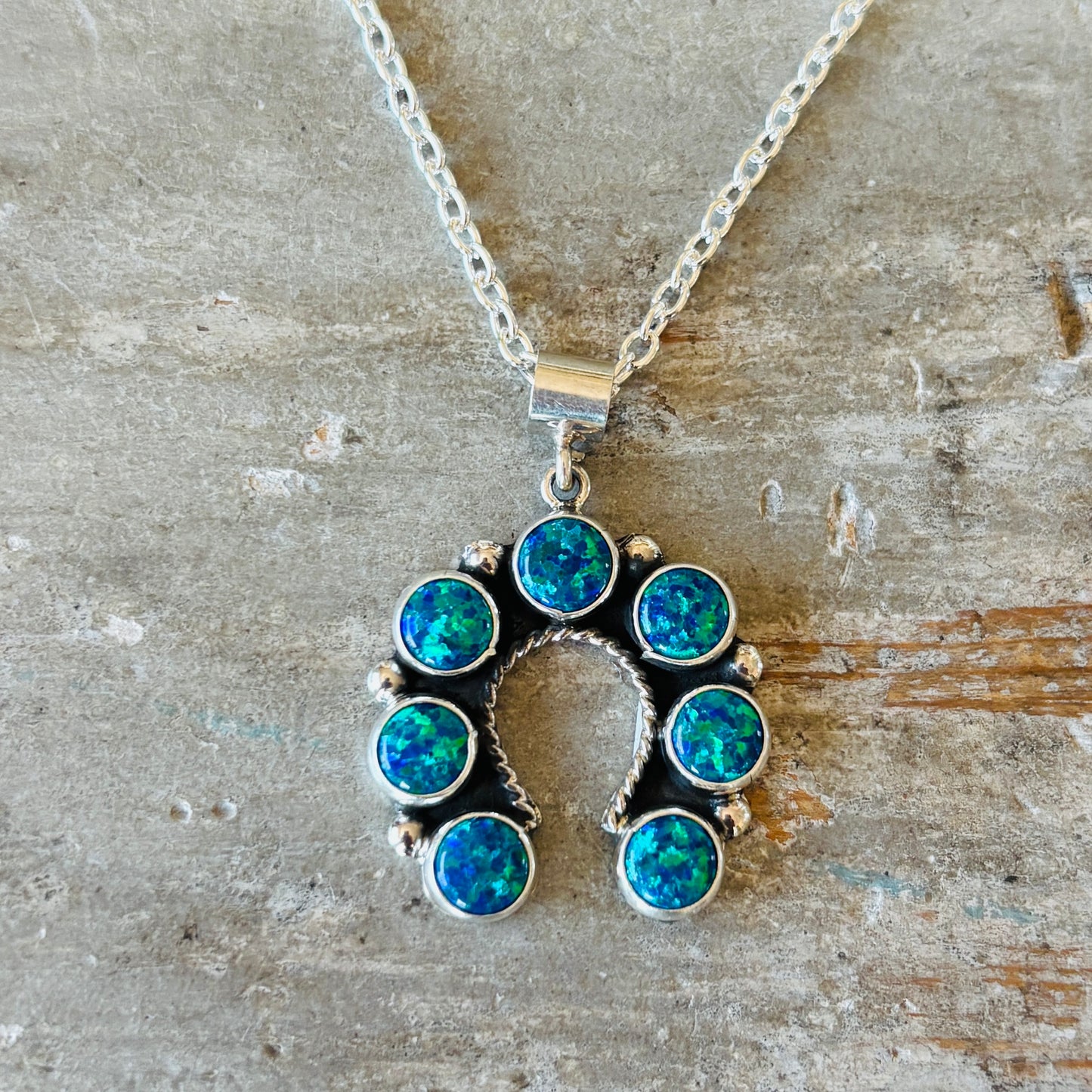 New Navajo Martin Perry Sterling Silver & Blue Lab Opal Naja Pendant