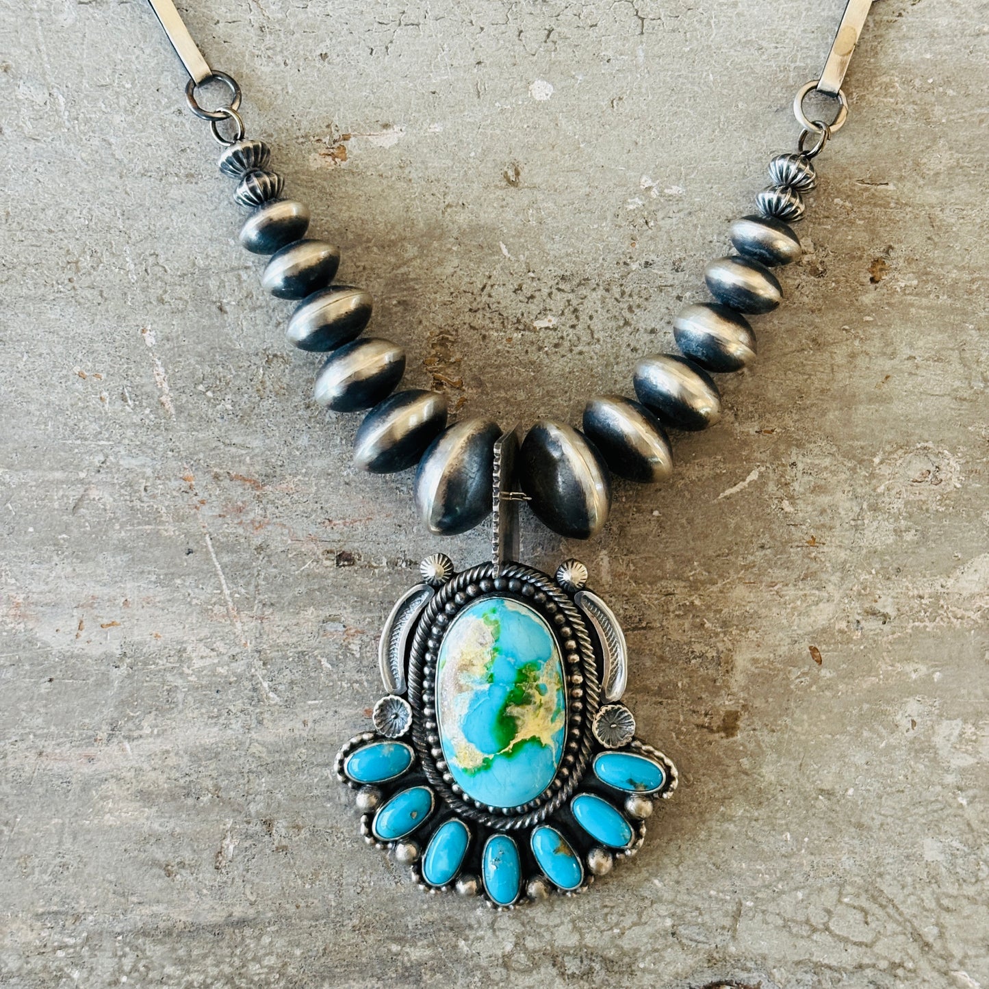 Navajo Hemerson Brown Sterling Silver - Kingman & Sonoran Turquoise Statement Necklace