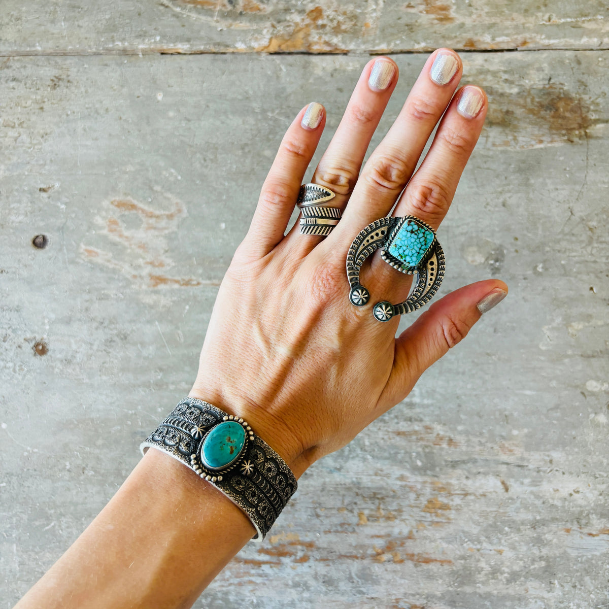 Navajo Herman Smith Sterling Silver & Kingman Turquoise Stacker Cuff
