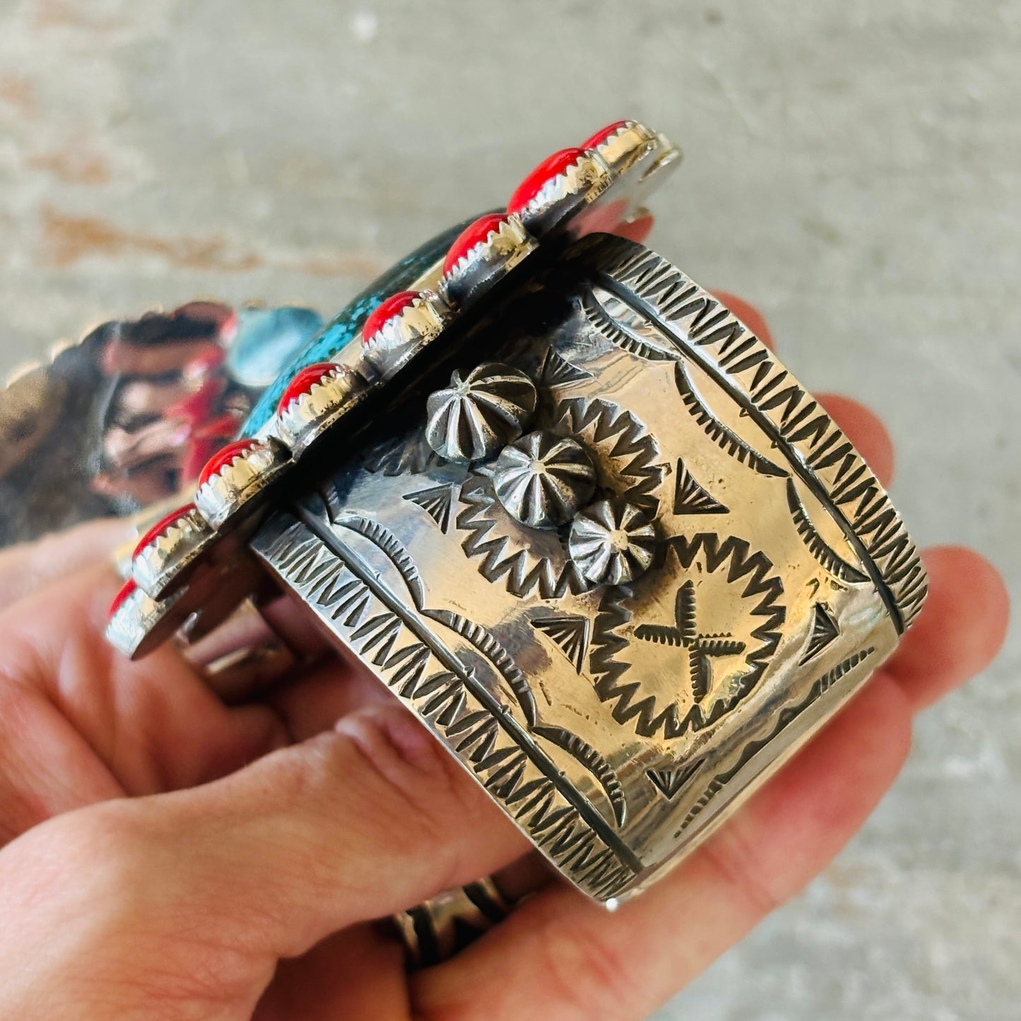 Navajo Edmund Piasso Sterling Silver - Red Coral & Kingman Turquoise Cluster Statement Cuff