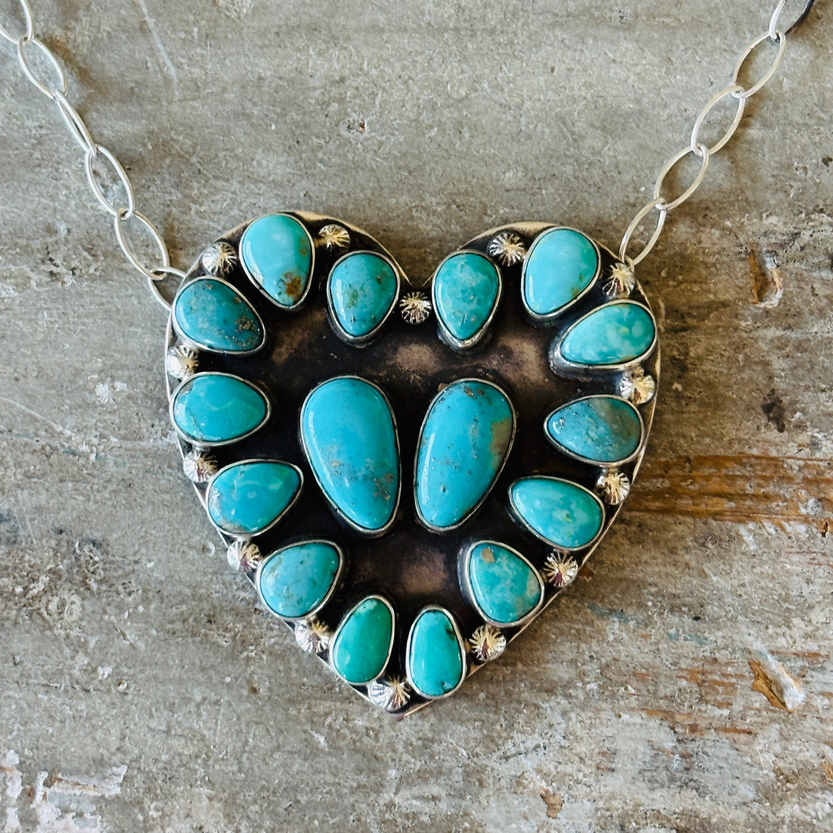Navajo Freddy Platero Sterling Silver & Whitewater Turquoise Cluster Heart Necklace