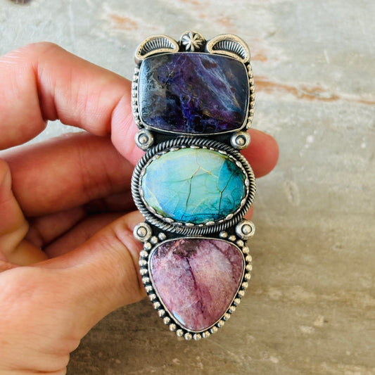 Navajo Hemerson Brown Sterling Silver - Sugilite & Lab Opal Statement Ring