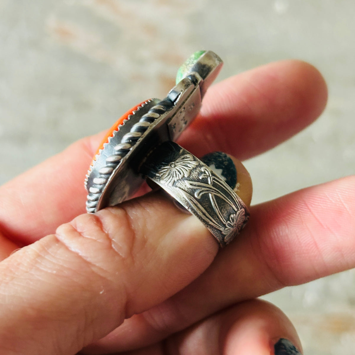 Navajo Kindale Billah Sterling Silver - Orange Spiny & Candelaria Turquoise Pumpkin Ring