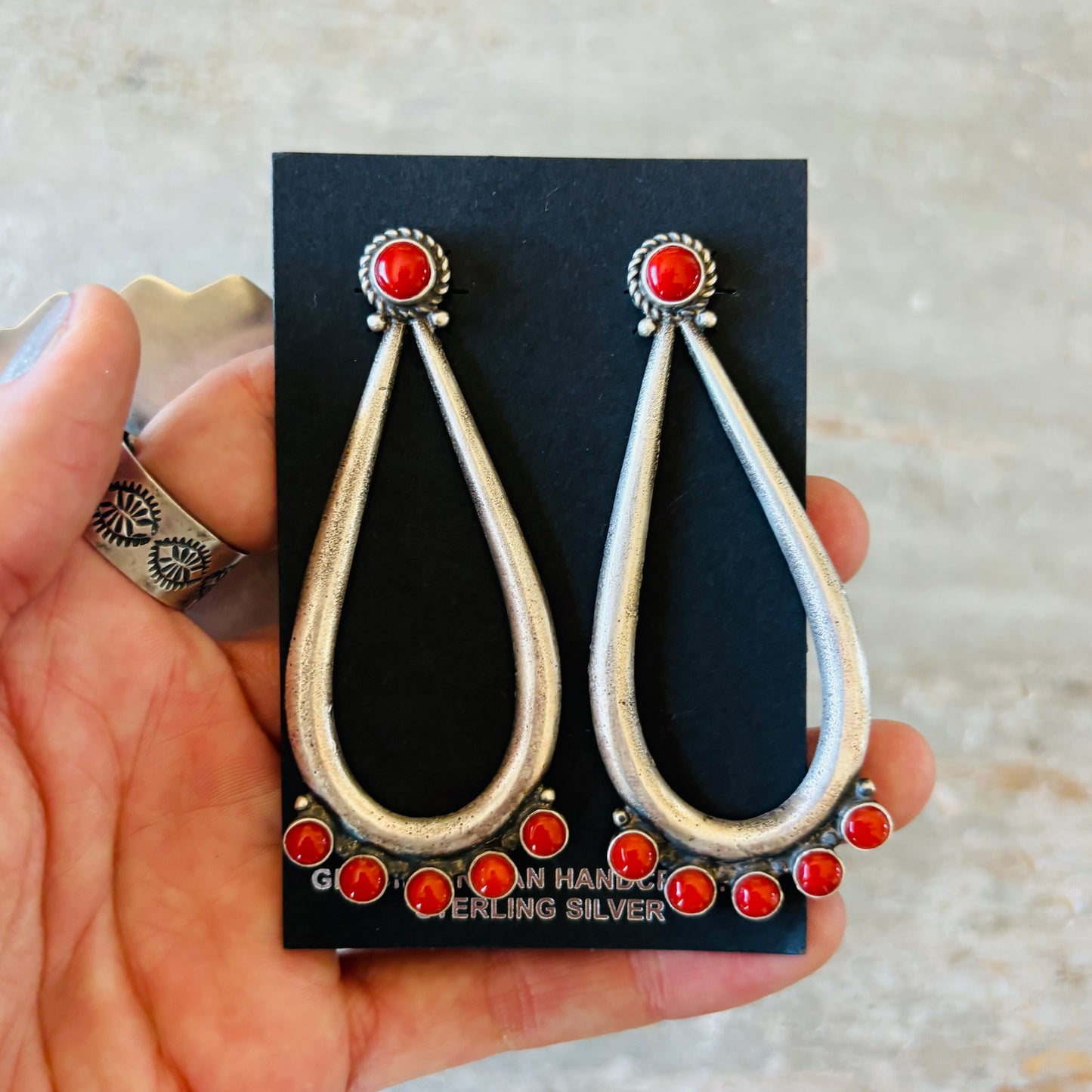 Navajo Herman Smith Sterling Silver & Red Coral Statement Earrings