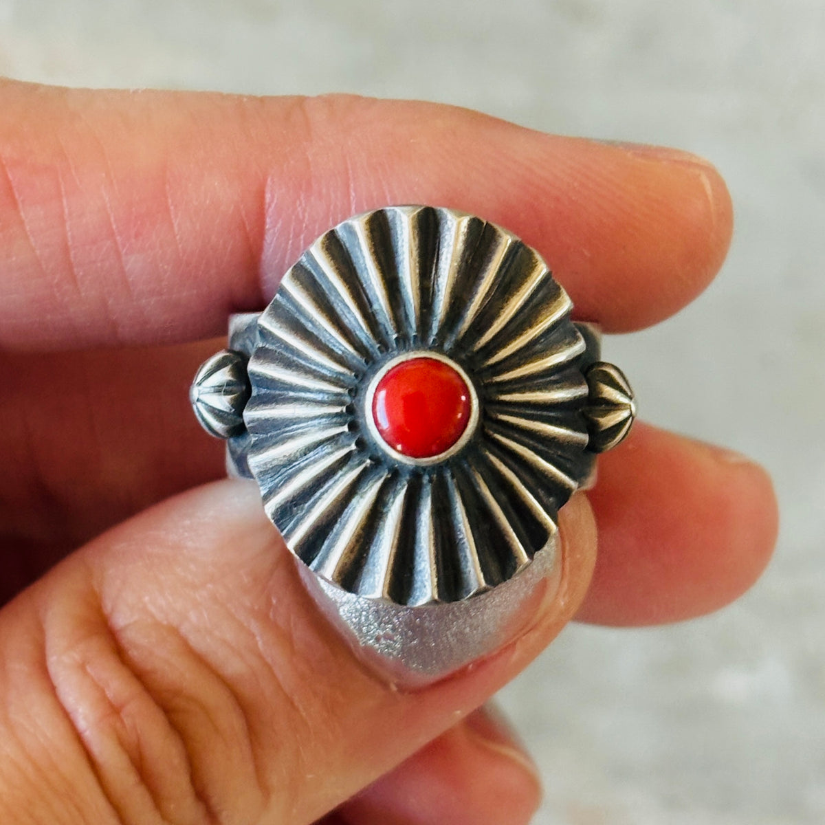 Navajo Herman Smith Sterling Silver & Red Coral Tufa Cast Ring