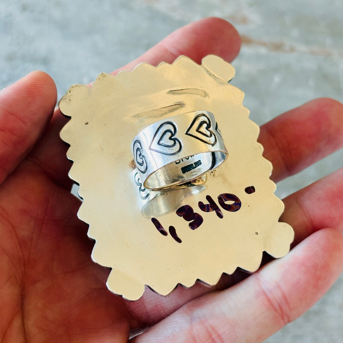 Navajo Hemerson Brown Sterling Silver - Red Spiny Oyster & Rainbow Dyed Crazy Lace Agate Hearts Ring