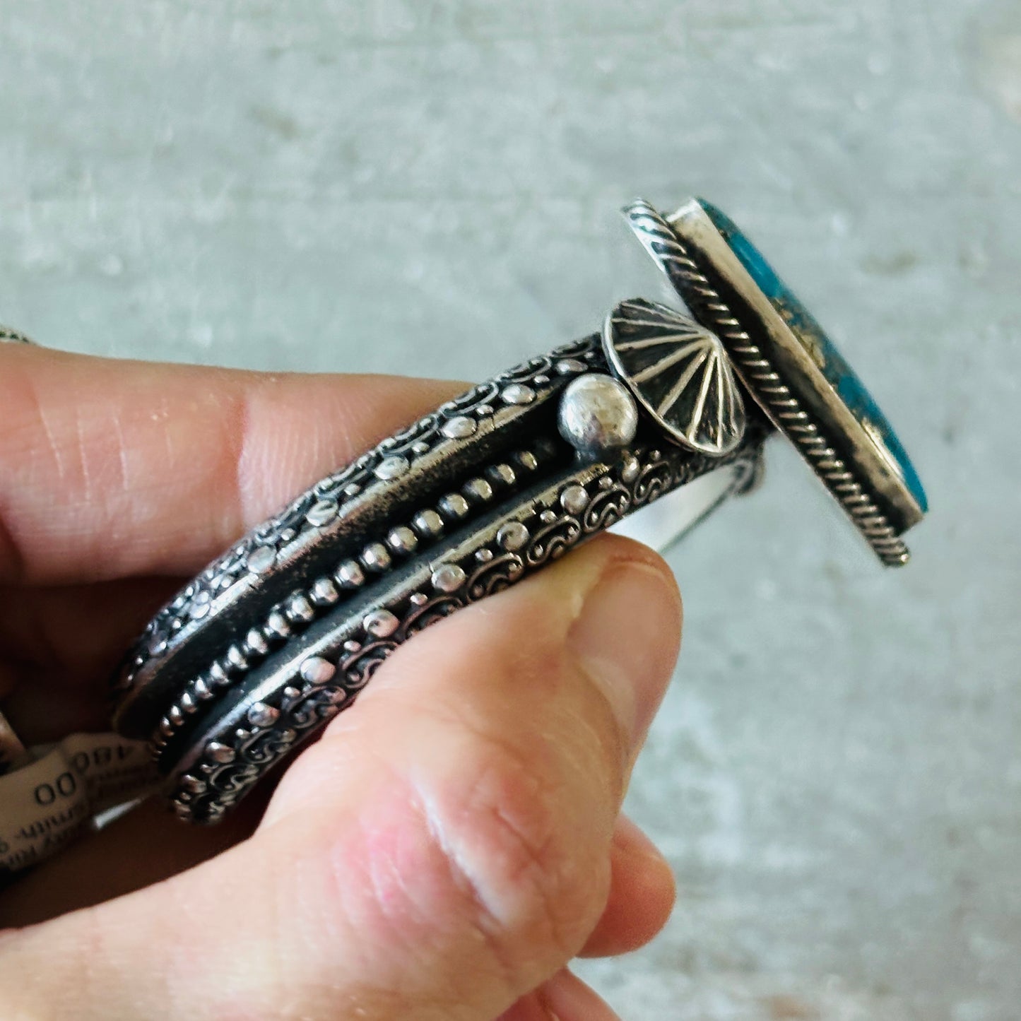 Navajo Hemerson Brown Sterling Silver & Egyptian Turquoise Triangle Cuff