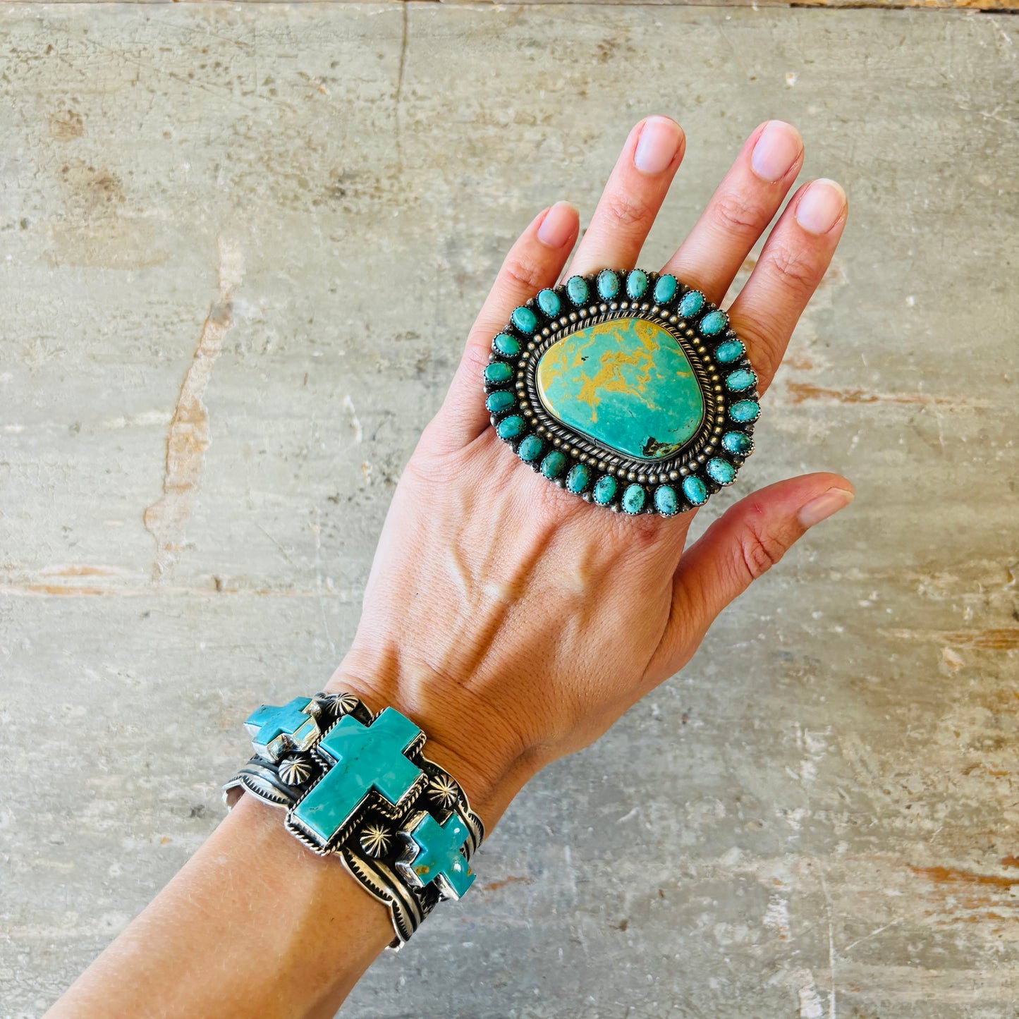 Navajo Andy Cadman Sterling Silver & Kingman Turquoise Crosses Cuff