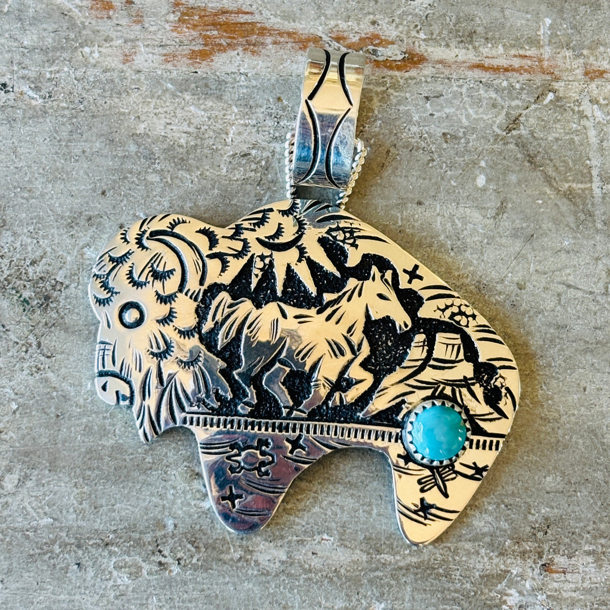 Navajo Richard Singer Sterling Silver & Kingman Turquoise Bison - Horse Pendant