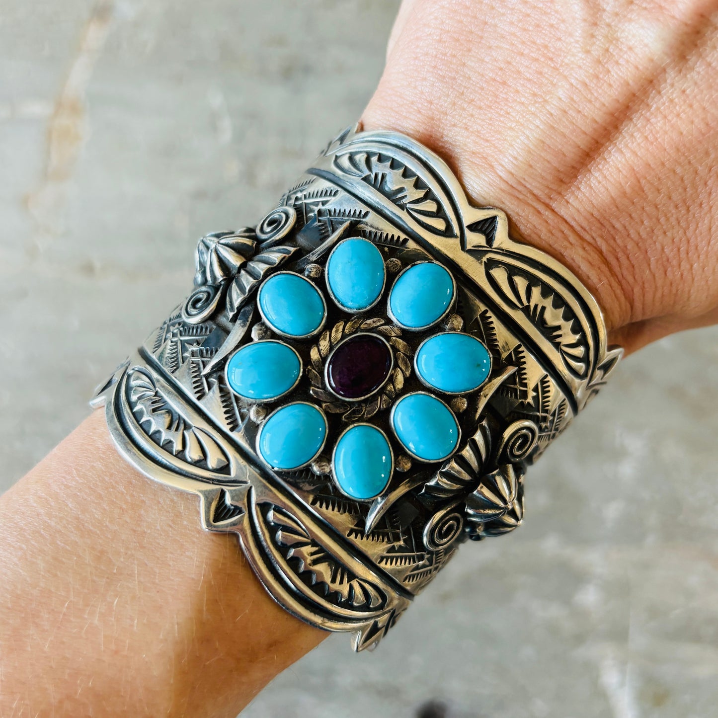 Navajo Delbert Gordon Sterling Silver - Purple Spiny Oyster & Sleeping Beauty Turquoise Statement Cuff