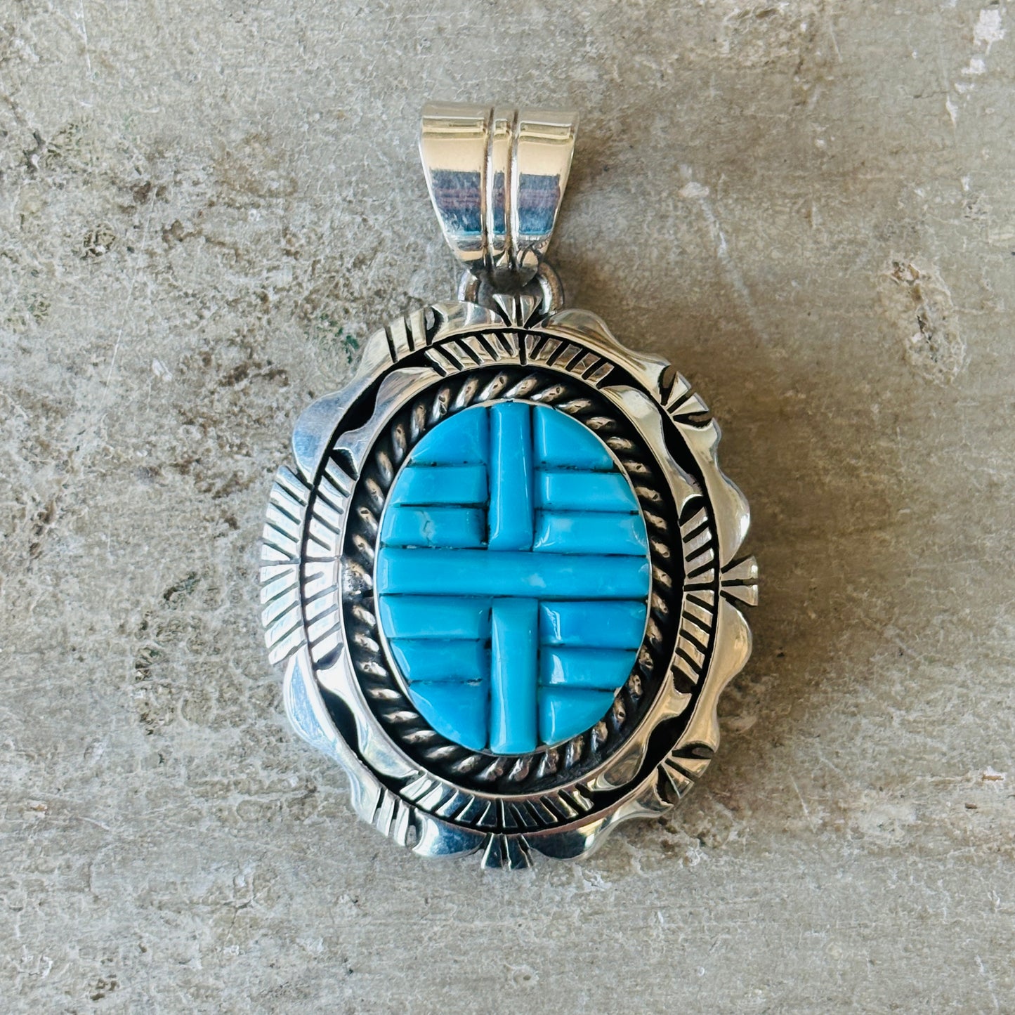 Navajo Eugene Belone Sterling Silver & Kingman Turquoise Cobblestone Pendant