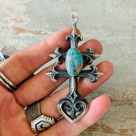 Navajo Floyd Parkhurst Sterling Silver & Bisbee Turquoise Heart Tufa Cast Pendant!