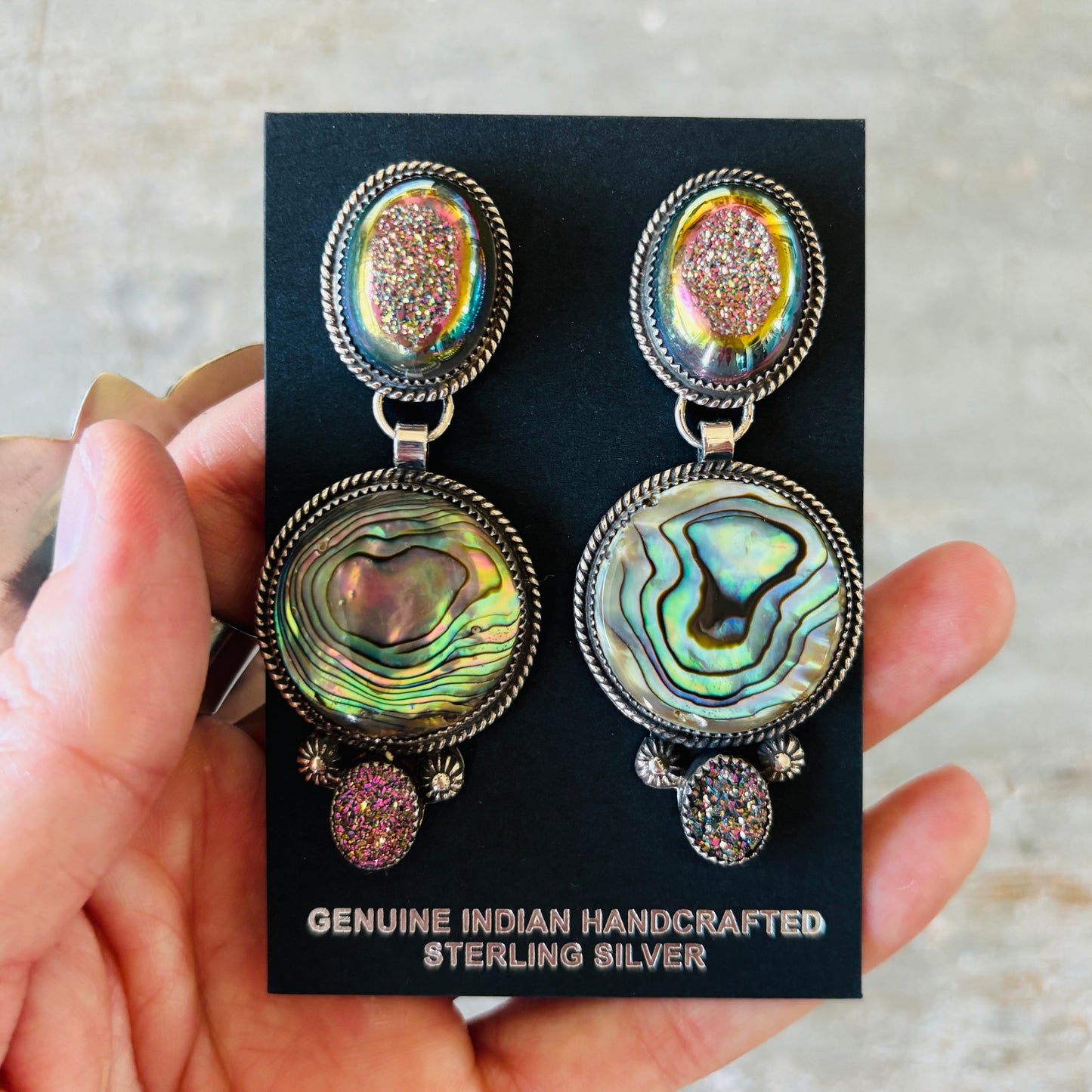 Navajo Hemerson Brown Sterling Silver - Abalone & Druzy Statement Earrings