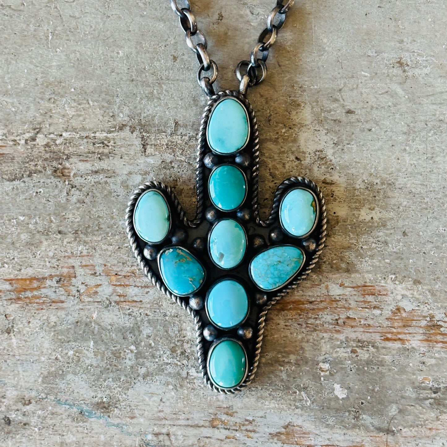 Navajo Antionette Martinez Sterling Silver & Mixed Turquoise Cluster Cactus Pendant Necklace