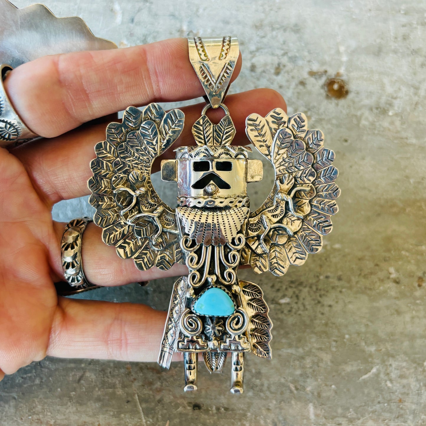 Navajo Andy Marion Sterling Silver & Turquoise Eagle Dancer Kachina Pendant