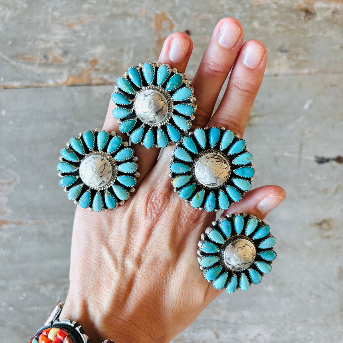 Navajo Mark Jimenez - Effie Garfield Sterling Silver & Kingman Turquoise Liberty Dime Cluster Ring
