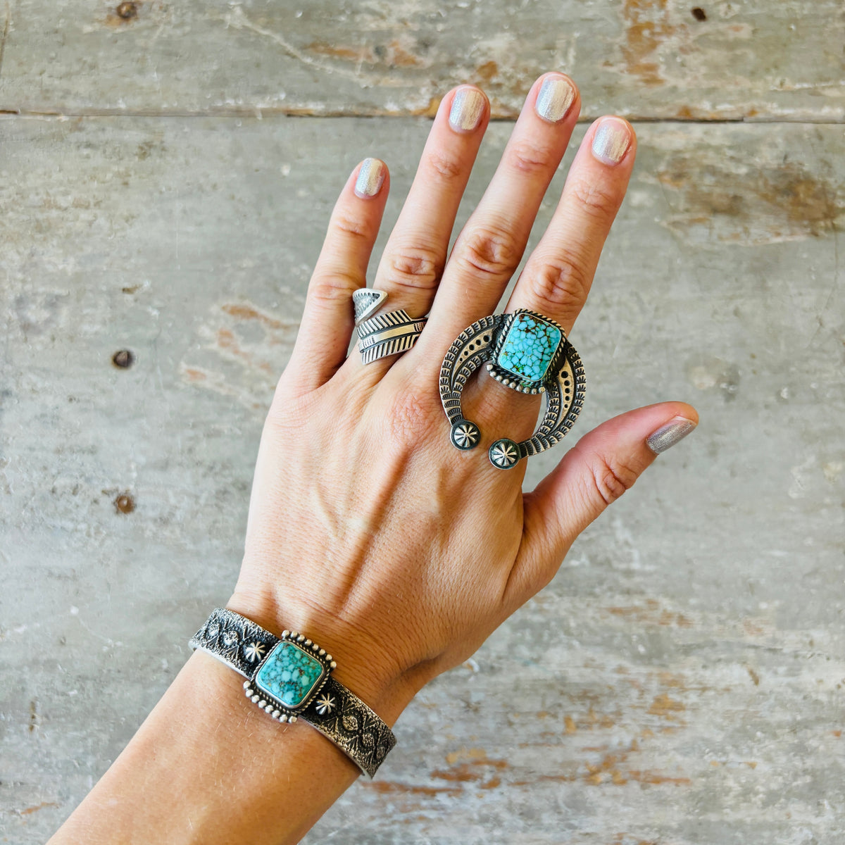 Navajo Herman Smith Sterling Silver & Web Kingman Turquoise Stacker Cuff