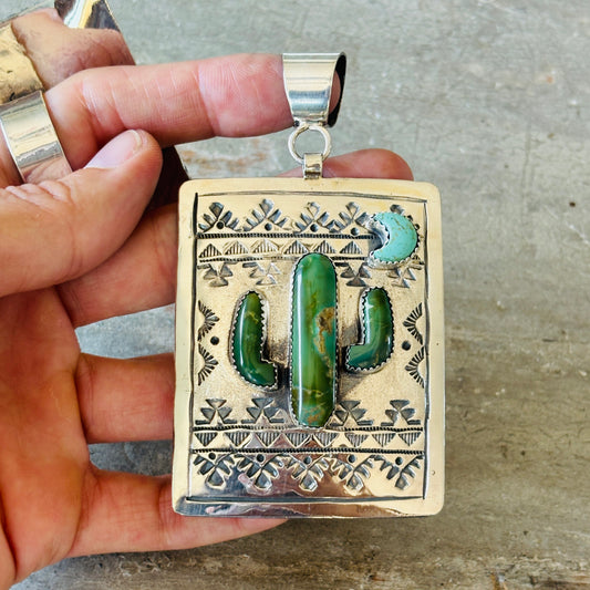 Navajo Hemerson Brown Sterling Silver & Kingman Turquoise Cactus Pendant