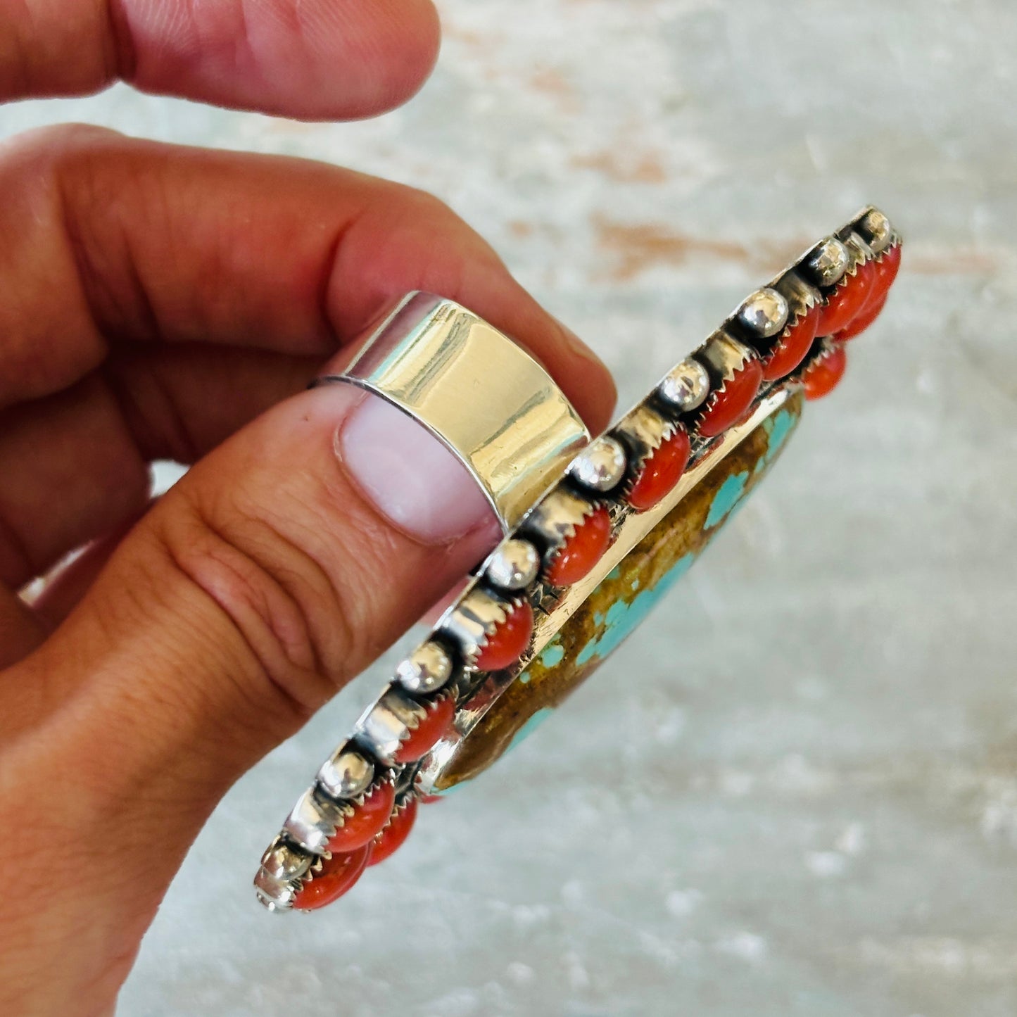 Navajo Hemerson Brown Sterling - Red Coral & #8 Turquoise Cluster Ring