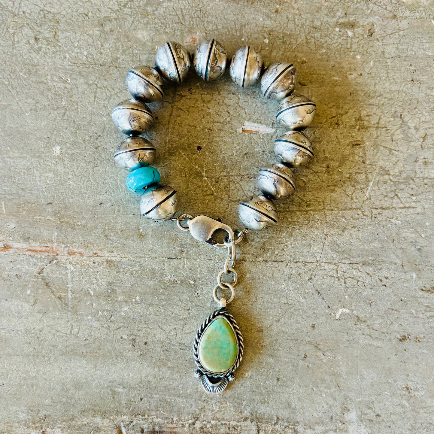 Navajo James McCabe Sterling Silver - Royston & Kingman Turquoise Liberty Dimes Beads Bracelet
