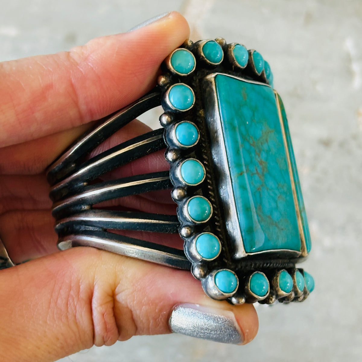 Navajo Anthony Skeets Sterling Silver & Kingman Turquoise Statement Cuff
