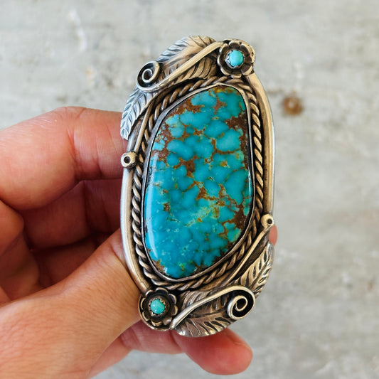 Vintage 1970s Navajo Signed Sterling Silver & Turquoise Statement Ring