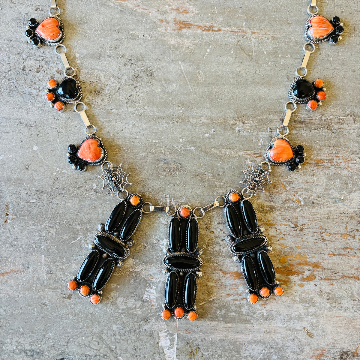 Navajo Hemerson Brown Sterling Silver - Black Onyx & Orange Spiny Oyster Spiderweb Statement Necklace