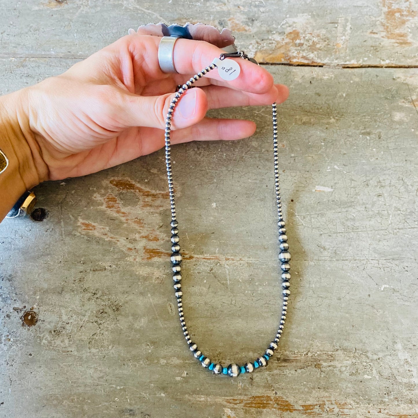 Native Strung Sterling Silver & Turquoise Machine Made Graduated Pearls Necklace