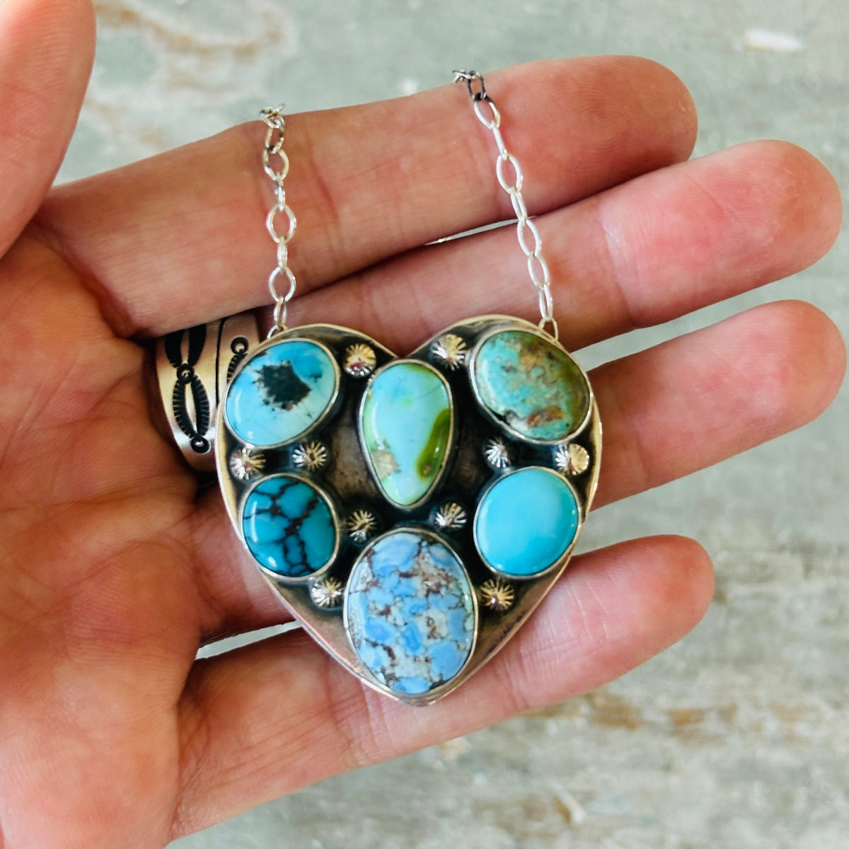 Navajo Freddy Platero Sterling Silver & Mixed Turquoise Cluster Heart Necklace