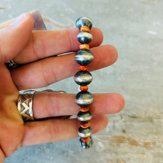 Navajo Preston Haley Sterling Silver & Orange Spiny Oyster Handmade Pearls Bracelet