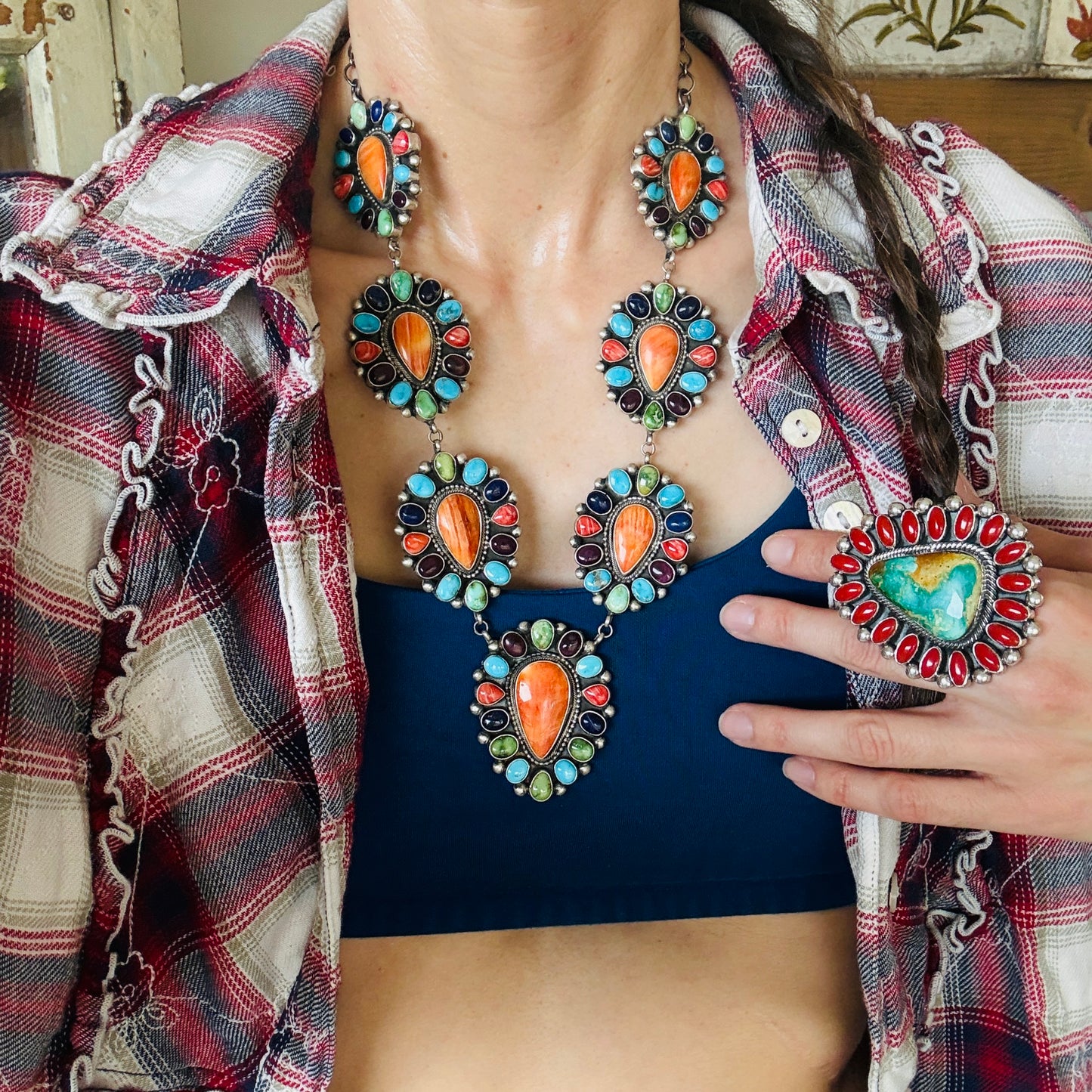 Navajo Taliah Benally Sterling Silver Multi Stone Cluster Necklace