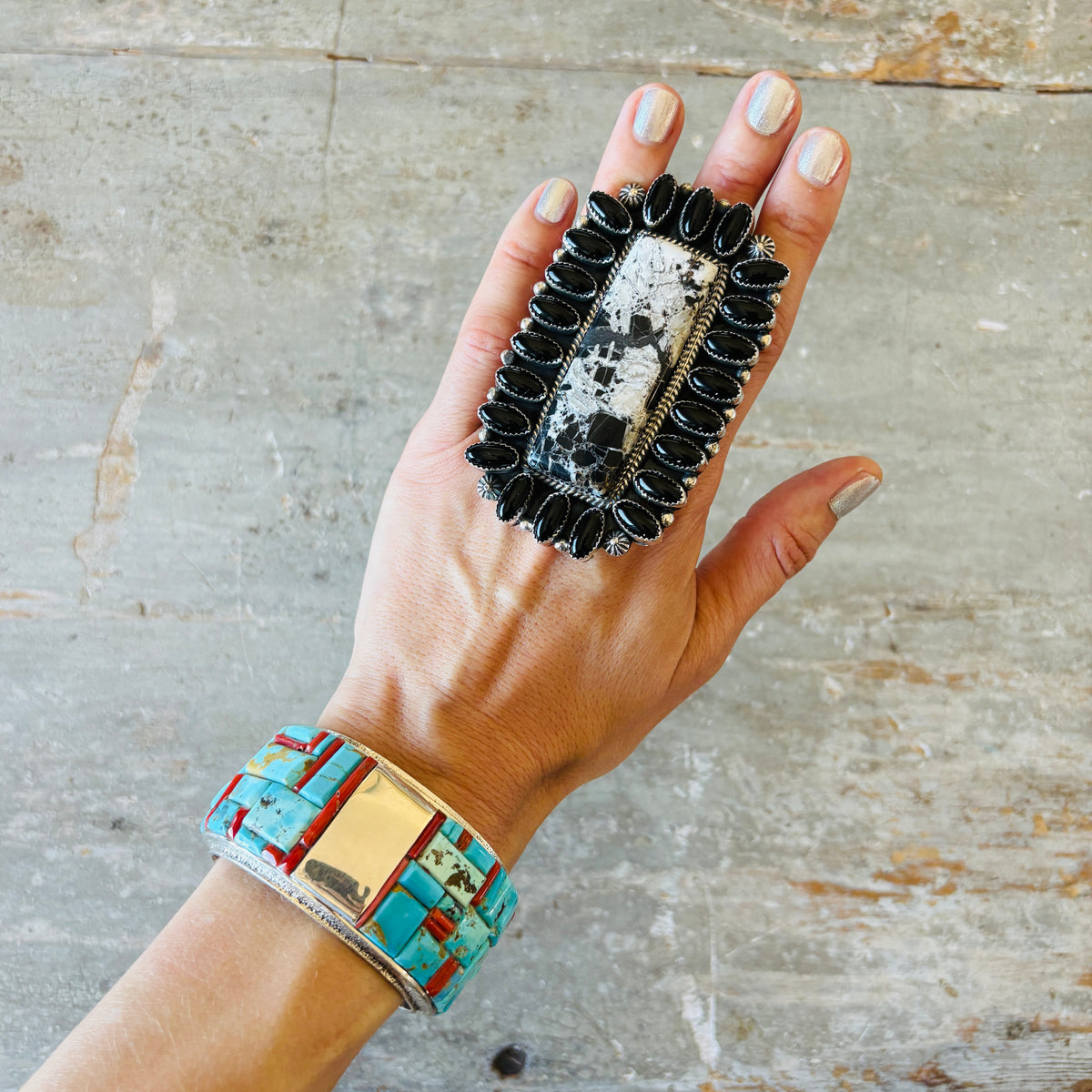 Navajo Hemerson Brown Sterling Silver & White Buffalo Cluster Statement Ring