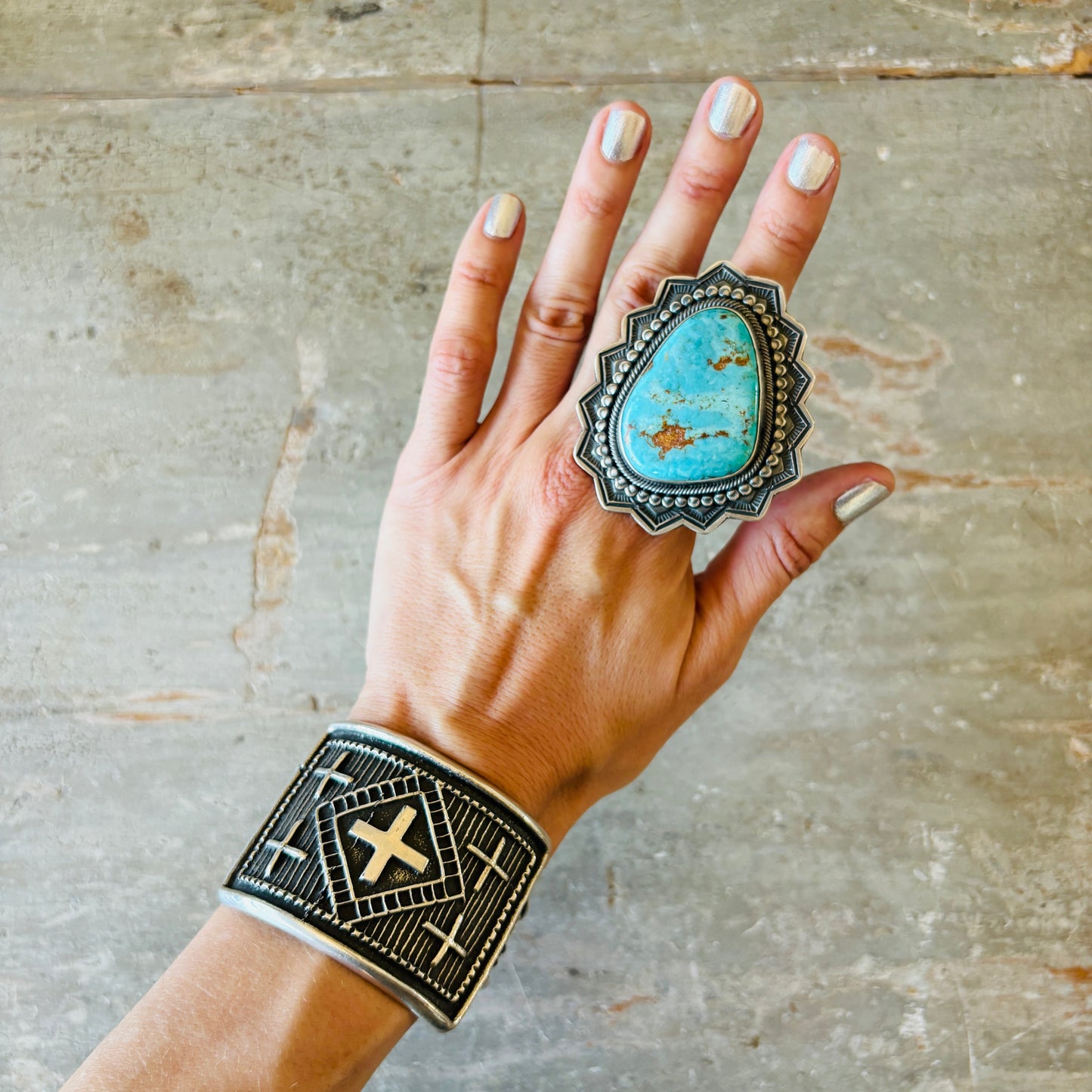 Navajo Leon Martinez Sterling Silver & Royston Turquoise Statement Ring