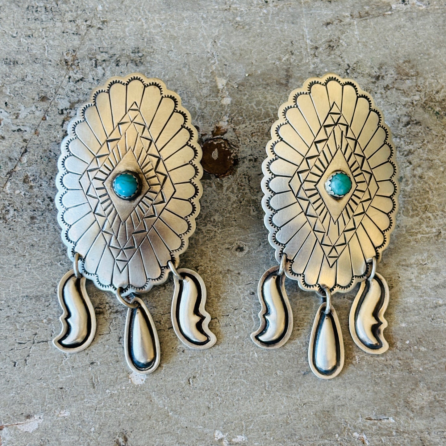 Navajo Shannon Tahe Sterling Silver & Kingman Turquoise Concho Earrings
