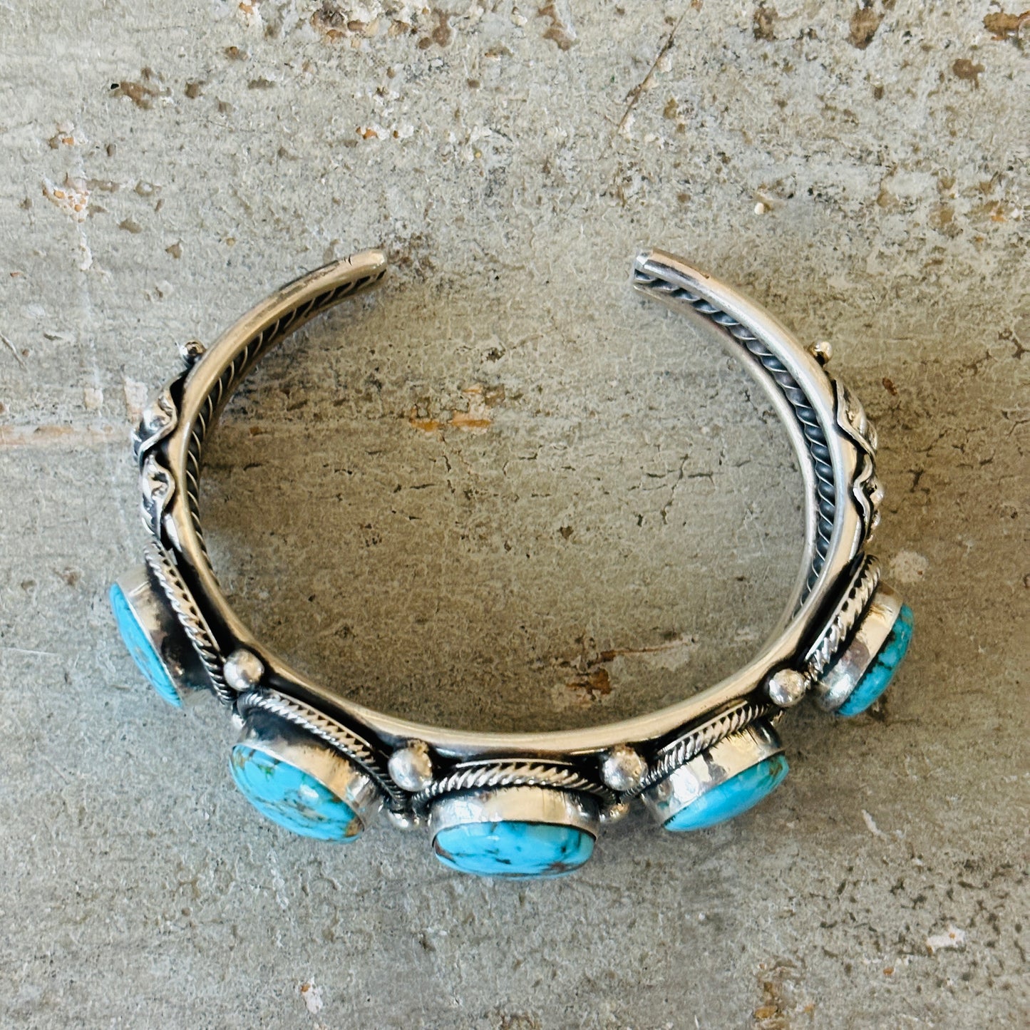 Navajo Hemerson Brown Sterling Silver & Web Kingman Turquoise Five Stone Cuff