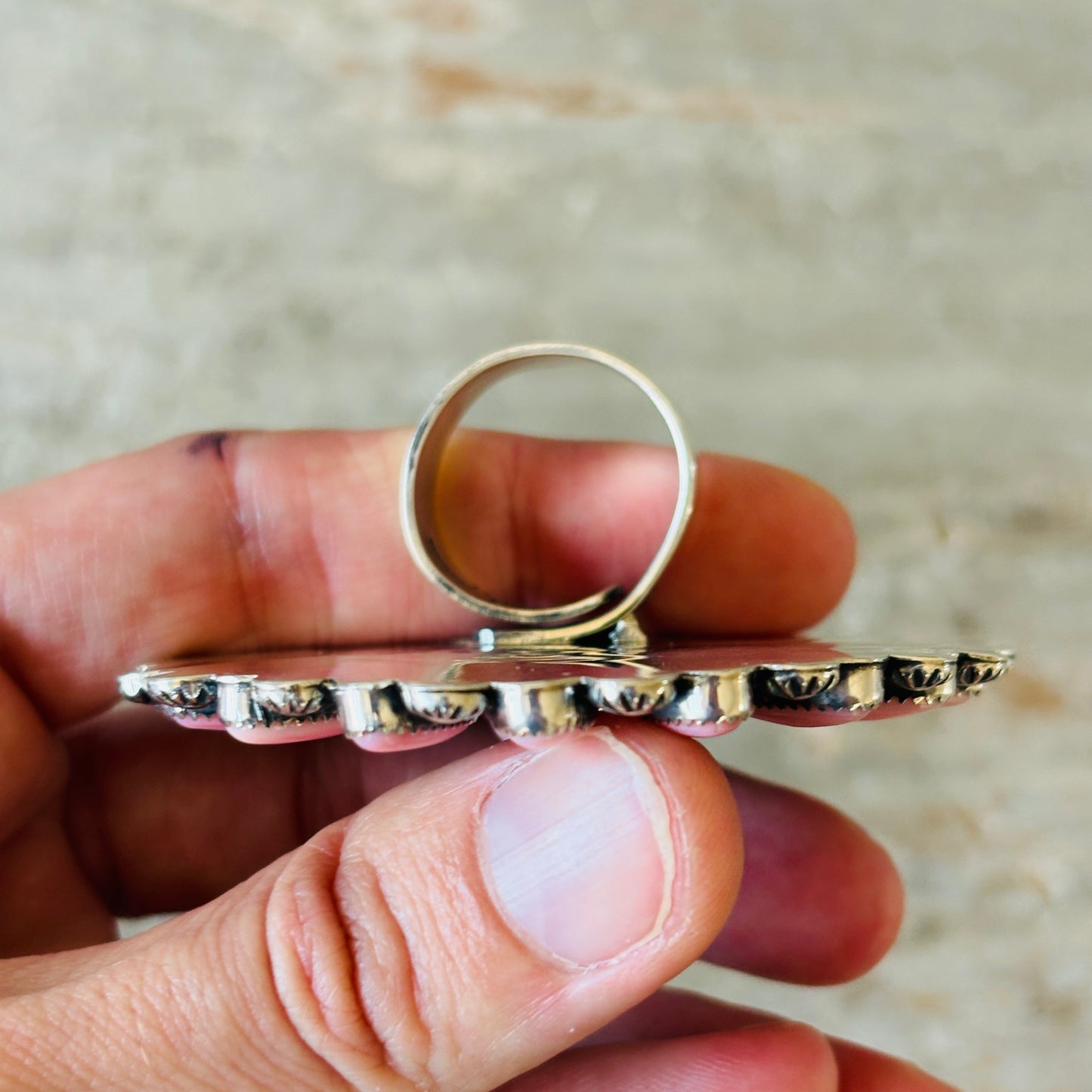 Navajo Hemerson Brown Sterling Silver & Pink Conch Cluster Statement Ring
