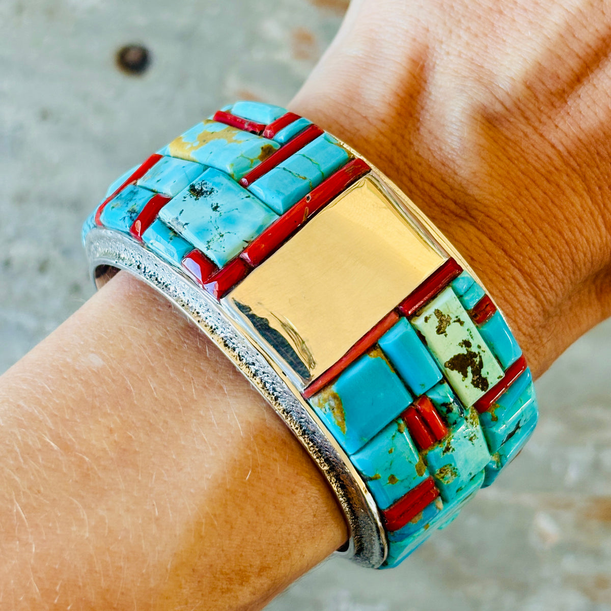 Navajo Lester James Sterling Silver - Red Coral & Multi Turquoise Cobblestone Cuff