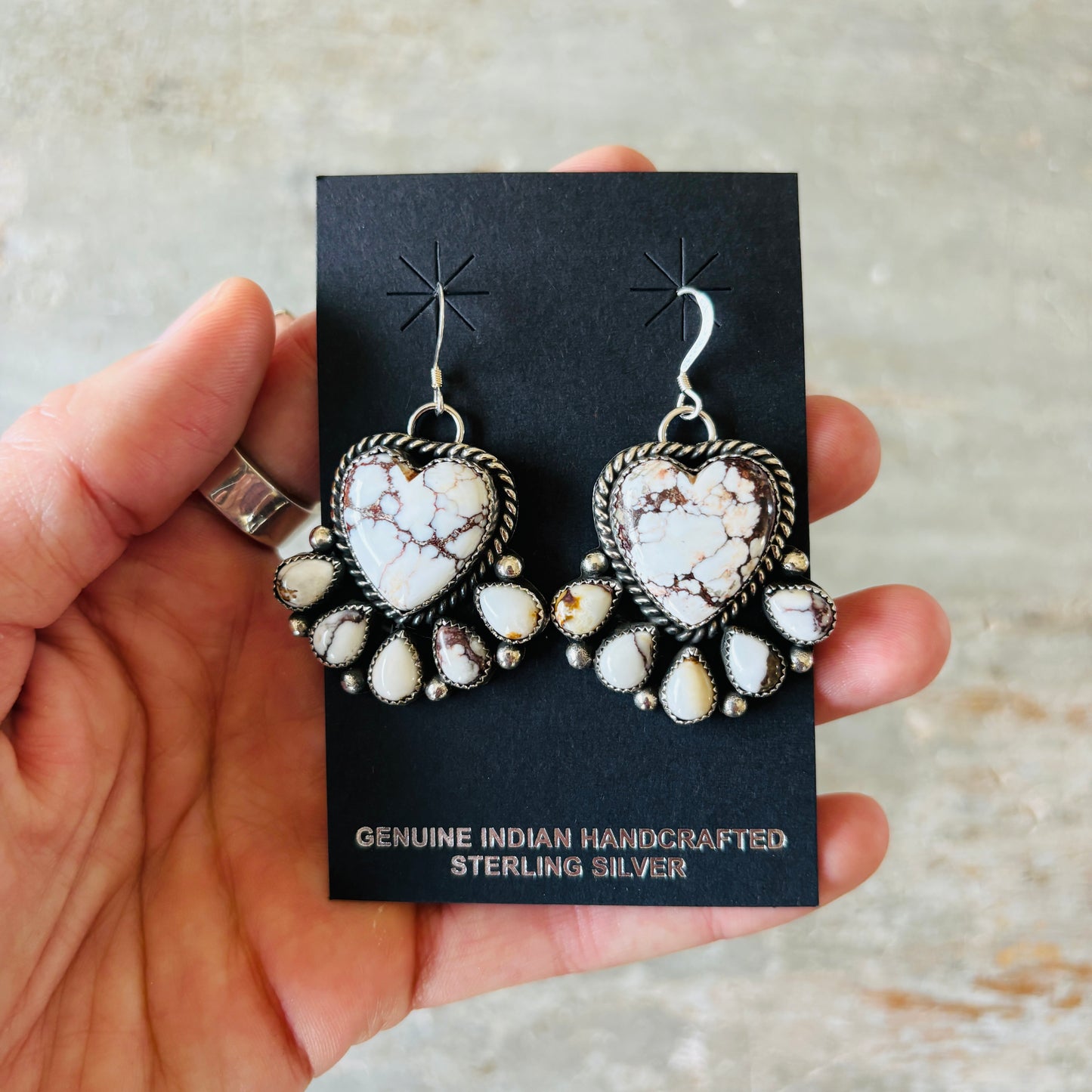 Navajo Hemerson Brown Sterling Silver & Wild Horse Jasper Cluster Heart Earrings